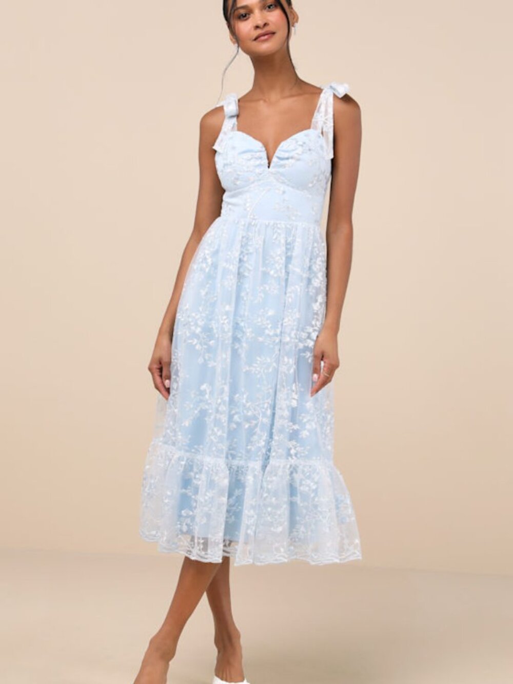 Lulus Distinctly Sweet Blue Floral Embroidered Tie-strap Midi Dress - Size S